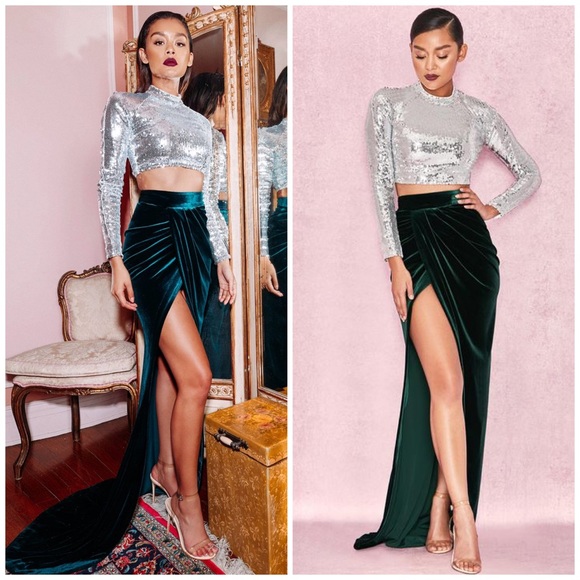 House of CB Dresses & Skirts - HOUSE OF CB Therina High Slit Velvet Maxi Skirt